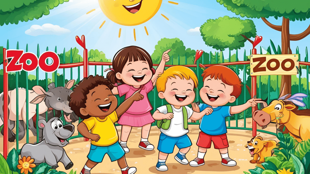 This image illustrates that when kids go the zoo thay are very happy